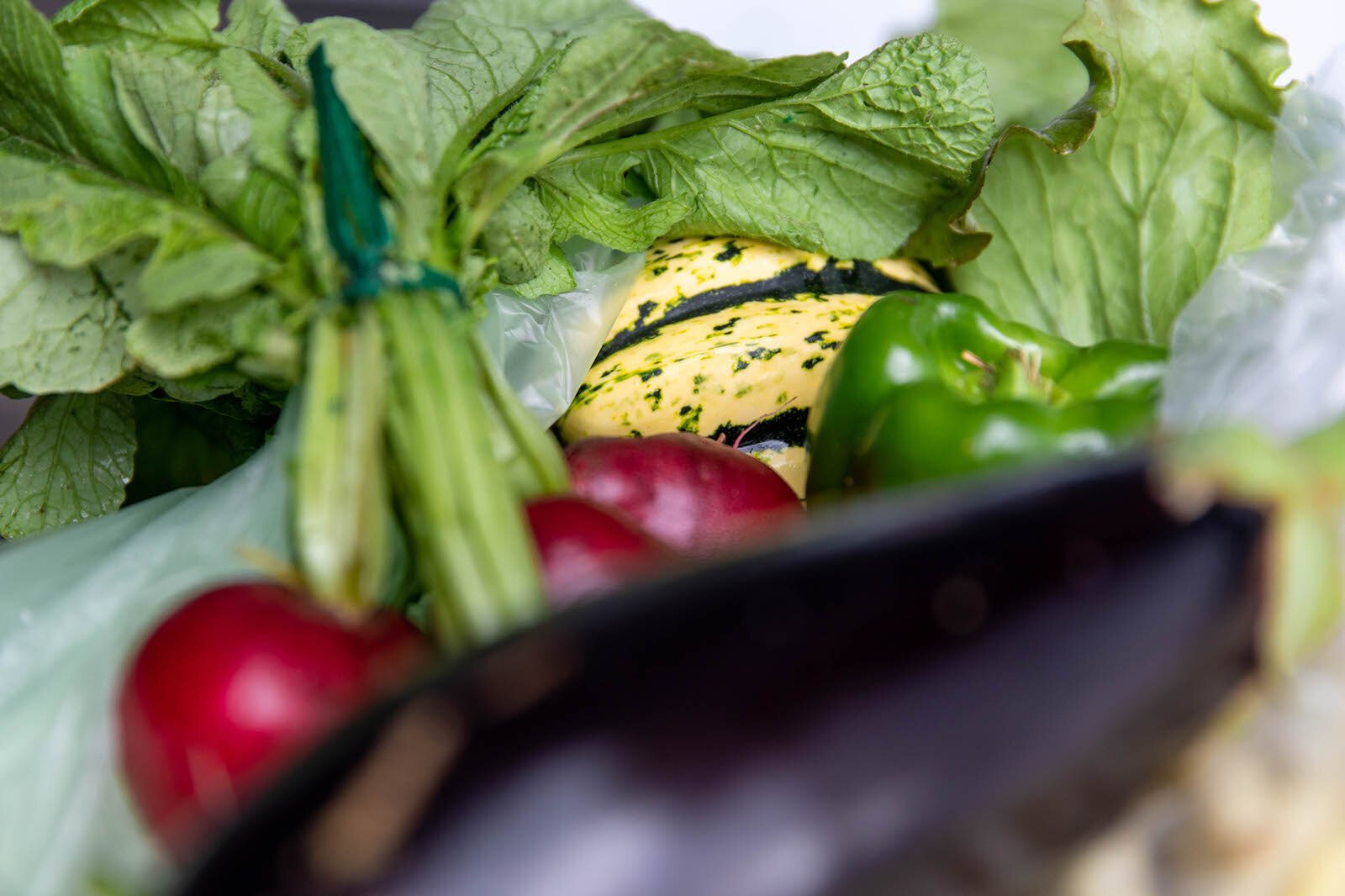 Produce at a Michigan Farm to Family: CSA pickup at Lakeshore Depot in Marquette.