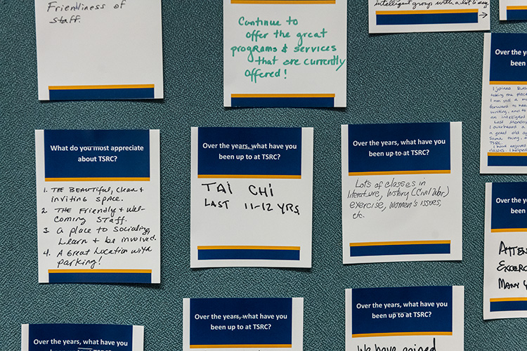 Clients' notes on a bulletin board at Turner Senior Resource Center.