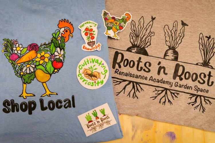 Several of the sticker and tee-shirt designs created by student Zoe Pastotnik.