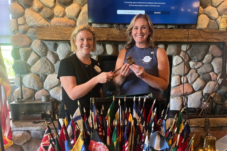 Passing of the gavel from 2023-24 president Kelly Hudson, to 2024-25 president Annie Sanders (June 2024)