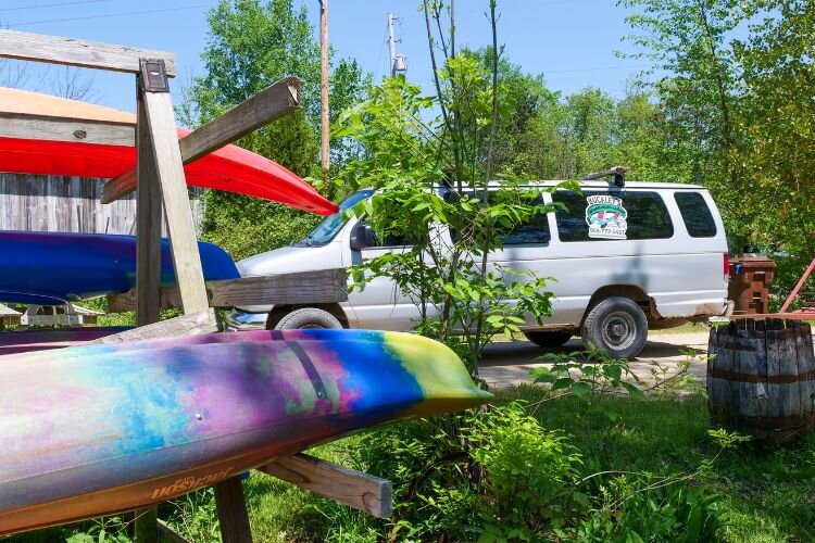 The Buckley’s transport van either drops off paddling renters upstream so their trip ends at the Buckley’s property, or picks them up at the end of the trip and drives renters back to Buckley’s where they originally parked