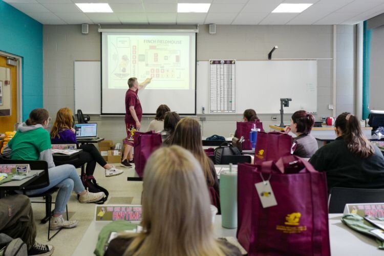 Recreation, Parks and Leisure Services Administration chair and professor Tim Otteman details the rain plan with RPL 333: Production of Festivals and Events students in Mt. Pleasant, MI on Thursday, April 25, 2024.