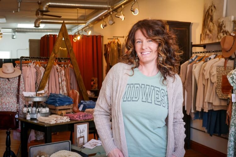 Lacey Badelt is owner of boutique store Calla Lily Mercantile within the historic 515 building in downtown Clare, offering fun and trendy clothing options for women. Photo Credit: Courtney Jerome / Epicenter Mt. Pleasant