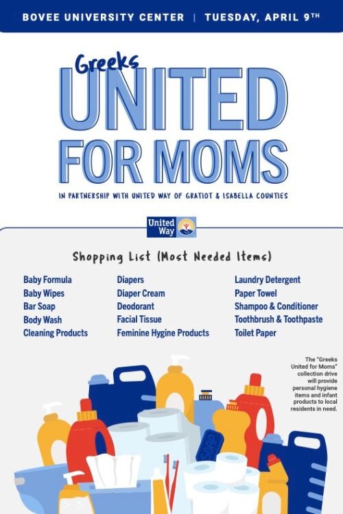 “Greeks United for Moms” donation drive takes place Tuesday, April 9 in CMU’s Bovee University Center.