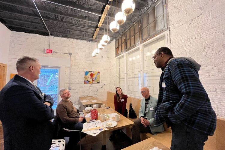 From L to R: Some MMBCSP members at recent Meet & Greet: CMU Professors Anthony Feig and Tyler Sonnichsen; Mt. Pleasant City Planner, Manuela Souza Powidayko; CMU professors Jim Pytko and Ken Williams. Courtesy Marie Koper