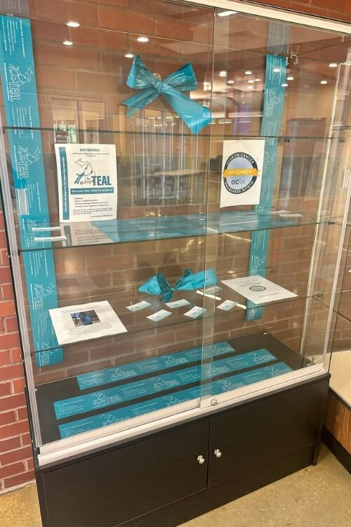 MIOCA Tie Michigan Teal display at Mid Michigan College in Mt Pleasant. (Beth Binder / Mid Michigan College)