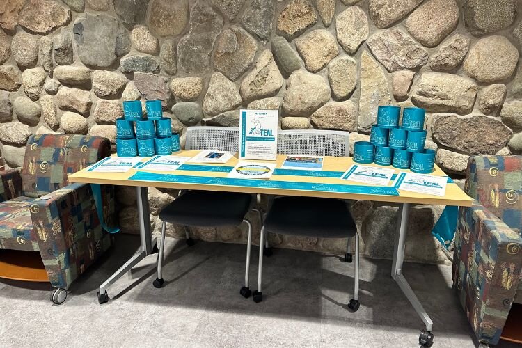 MIOCA Tie Michigan Teal display at Mid Michigan College in Harrison. (Beth Binder / Mid Michigan College)