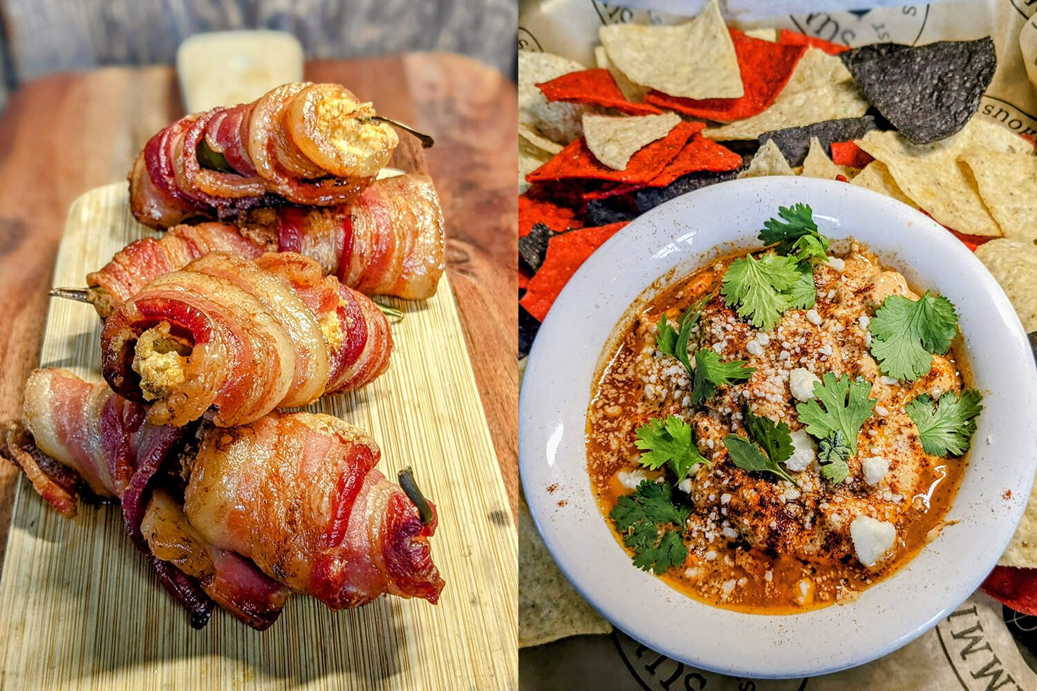 Smoked Jalapeño Poppers (left) featuring jumbo jalapeños stuffed with cream cheese, chorizo, cheddar cheese, and Summit Smokehouses’s Michigan maple rub, wrapped with a thick-cut applewood smoked bacon. Smokehouse Street Corn Dip (right) featuring all the flavors of Mexican street corn made into a dip! Smoked with a cherry and applewood blend and served with crispy fried corn tortilla chips. (Photo courtesy of Summit Smokehouse)