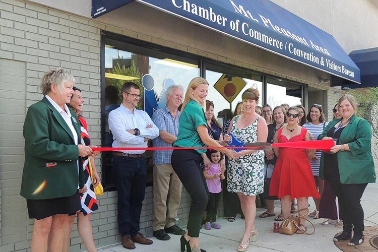 Ambridge Workforce Solutions' Dr. Liz Boyd and COO Kathleen Bracken celebrated their launch with the Mt. Pleasant Area Chamber of Commerce on Wednesday, August 2, 2023 in downtown Mt. Pleasant. (Photo courtesy of Mt. Pleasant Area Chamber of Commerce)