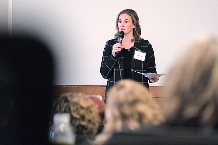 United Way of Gratiot and Isabella County President and CEO Annie Sanders speaks to the crowd at the PITCH-ER THIS! contest hosted by the Central Michigan University College of Medicine in Mt. Pleasant, MI, Saturday February 25, 2023. (Photo: Dan Gaken/Epicenter)