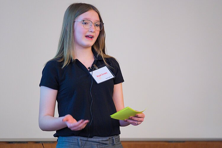 Shepherd Middle School 8th grade student Aliyah Screws presents the Ready Shed Go! team's plan to purchase a storage shed stocked with new sports equipment for recess for the school. (Photo: Dan Gaken/Epicenter)