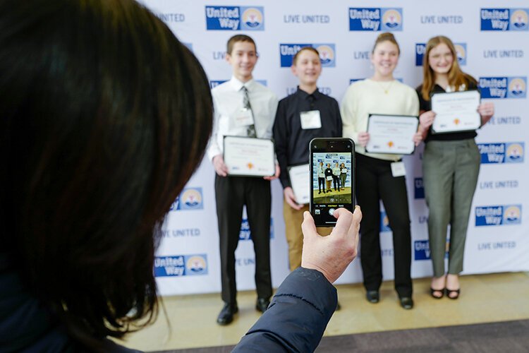 Judges awarded $4,000 to Ready Shed Go!, a team of 8th graders from Shepherd Middle School. Carli DuBois, William McDonald, Aliyah Screws, and Oliver Shattuck pitched their plan to purchase a storage shed stocked with new sports equipment for recess for the school. (Photo: Dan Gaken/Epicenter)