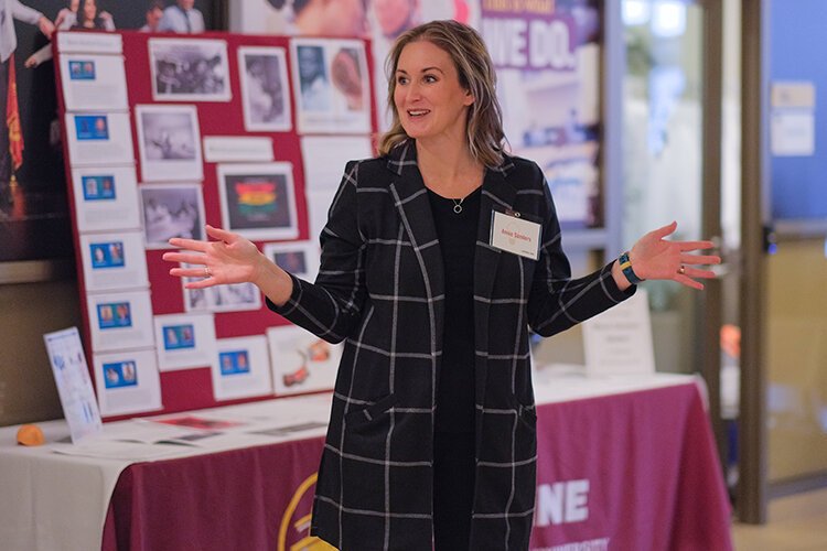 United Way of Gratiot and Isabella County President and CEO Annie Sanders offers their congratulations to all the competitors at the 2023 PITCH-ER THIS! event in the Central Michigan University College of Medicine in Mt. Pleasant, MI, Saturday February 25, 2023. (Photo: Dan Gaken/Epicenter)