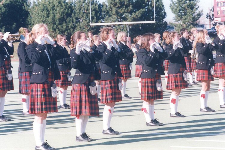 Historic image of the Kiltie Marching Band performing at Alma College. (Photo courtesy of Alma College)
