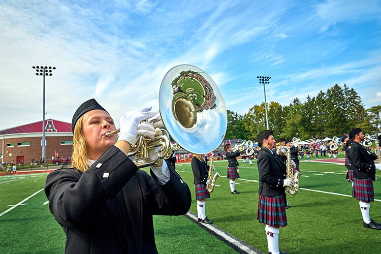 The Kiltie Marching Band performing at Alma College Homecoming in October 2021. (Photo courtesy of Alma College)