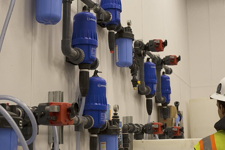 A nutrient delivery system disperses technical-grade and food-grade mineral salts to the eight flowering rooms at High-Minded Harvest, a Class C growing facility in Mt. Pleasant.