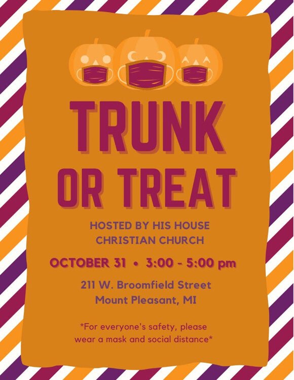 HisHouse Christian Church will host a Trunk or Treat event Oct. 31 from 3-5 p.m.