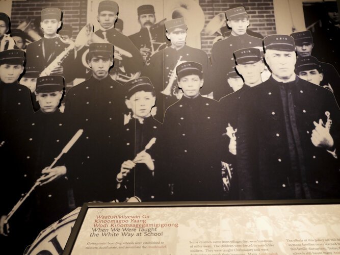 A display in the Ziibiwing Center. A display in the Ziibiwing Center. According to official records, the Mt. Pleasant Indian Industrial Boarding School had an enrollment of about 300 students per year, ages K-8, during its operation from 1893-1934.