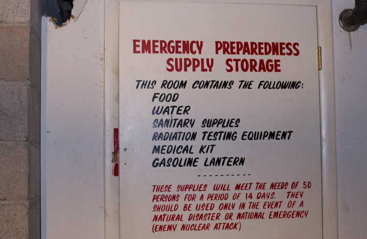 A storage closet in the basement of 200 E. Broadway in Mt. Pleasant, Michigan, is labeled with with supply contents in the case of an emergency.