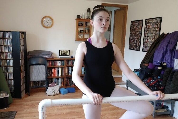Daria Batzner, a student at Mt. Pleasant School of Dance, practices at home.