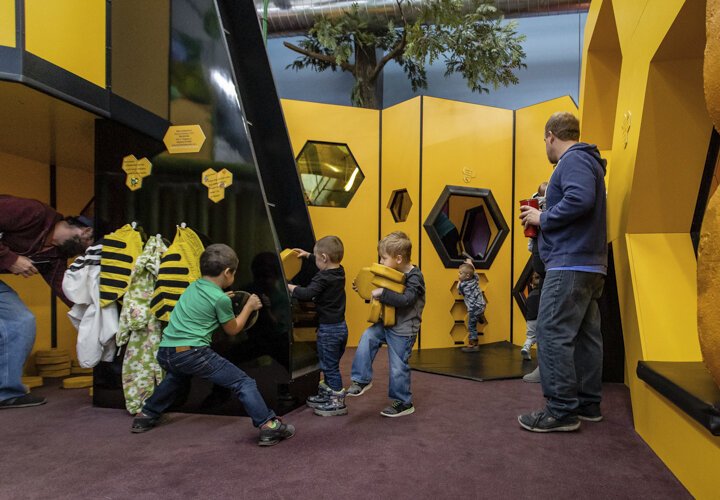 Alma College Head Start Program preschoolers run around the "Beemazium" with the supervision of two parent volunteers at the Mount Pleasant Discovery Museum.