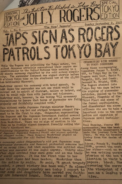 The newspaper that was distributed aboard the USS Rogers after the Japanese surrendered.