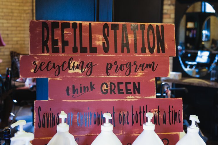 Water Works Salon and Spa sells its own line of hair products in recyclable containers, and an in-house refill station for customers reduces plastic use.
