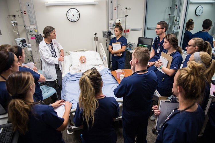 Students in Saginaw Valley State University's nursing program participate in a lab.