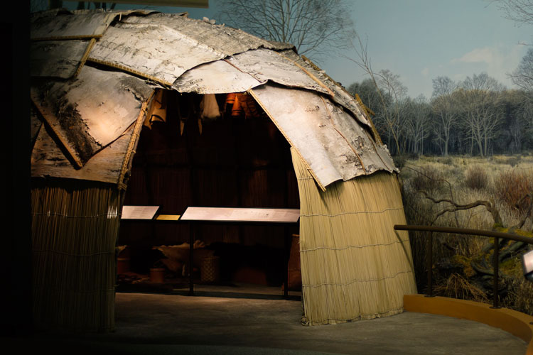 A replica of a teaching lodge inside the Ziibiwing Center showcases how Native people passed knowledge from generation to generation