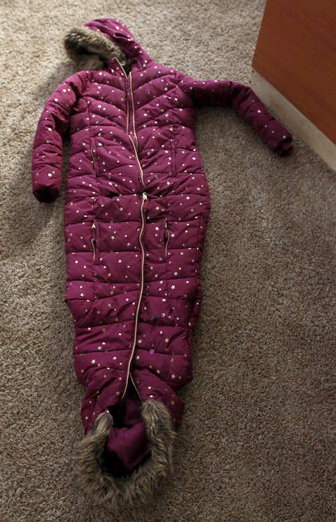 Harrison's original bodycoat was two jackets sewn together with multiple adjustments. Harrison cut the bottom jacket's sleeves off and converted them into mittens.