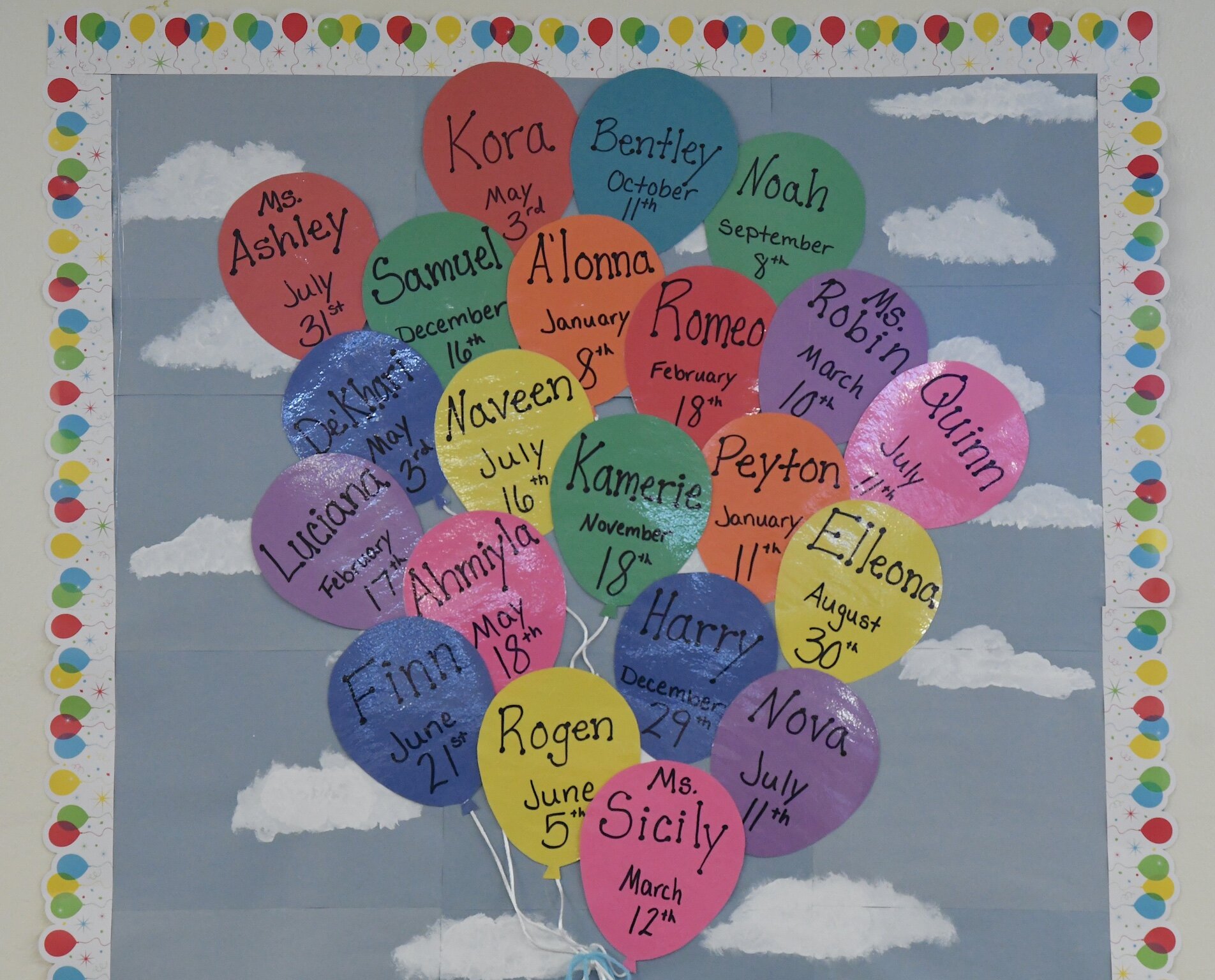 Birthdays on the wall of Garden of Dreams Preschool