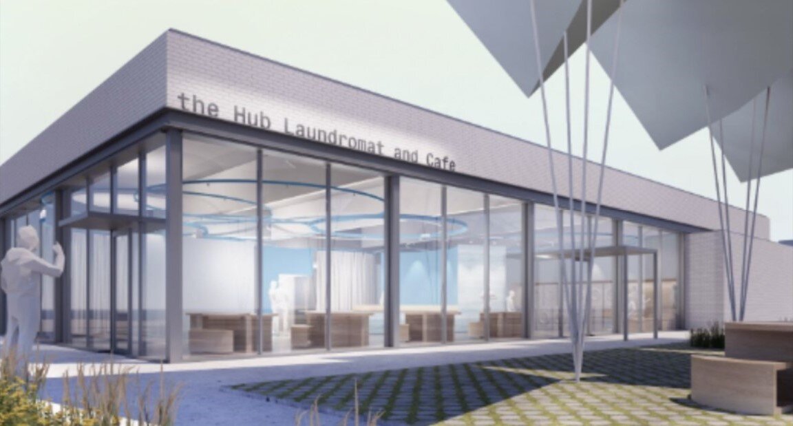 Rendering of The Hub, a laundromat, cafe, and community center planned for the Denby neighborhood.
