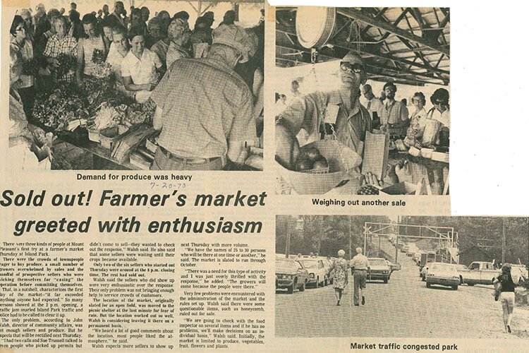 A newspaper article focusing on the first Mt. Pleasant Farmers' Market at the Island Park South Shelter Pavilion held on July 20, 1973. (Photo courtesy of Mt. Pleasant Parks & Recreation)